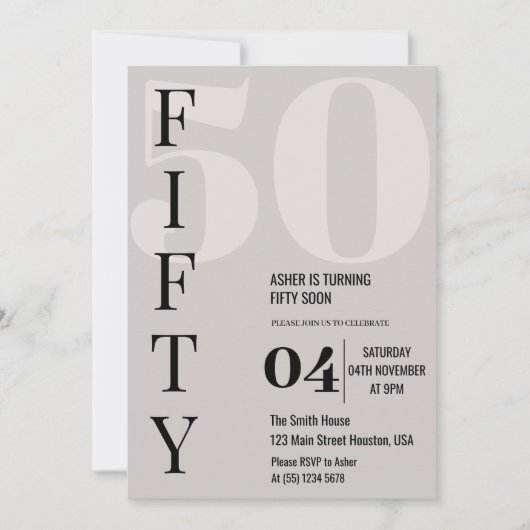 スタイリッシュ ミニマル FIFTY 50歳の誕生日パーティー 招待状 (正面)