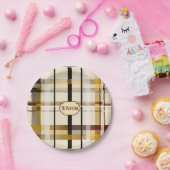 スタイリッシュ モダンな タウペ＆ゴールドのチェック柄 ペーパープレート (パーティー)