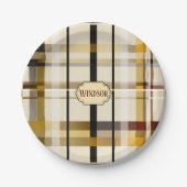 スタイリッシュ モダンな タウペ＆ゴールドのチェック柄 ペーパープレート (正面)