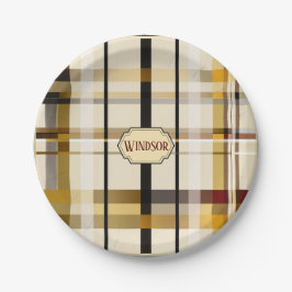 スタイリッシュ モダンな タウペ＆ゴールドのチェック柄 ペーパープレート