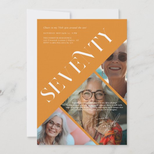 スタイリッシュ モダン セブンティ | 70歳の誕生日 3つの写真 招待状 (正面)