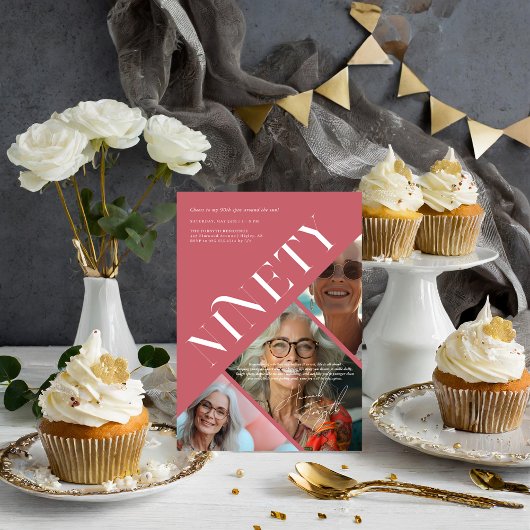 スタイリッシュ モダン ナインティ | 90歳の誕生日 3枚の写真 招待状