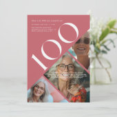 スタイリッシュ モダン 百日 | 100歳の誕生日 3枚の写真 招待状 (スタンド正面)