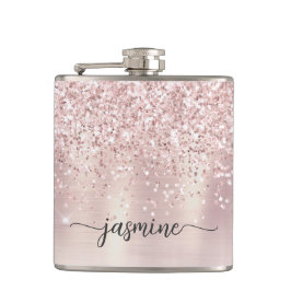 スタイリッシュ ローズゴールド グリッター モノグラム 名前 シグネチャー フラスク
