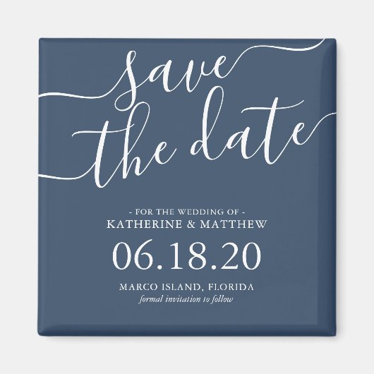スタイリッシュBlue Script Wedding日付の保存 マグネット (正面)