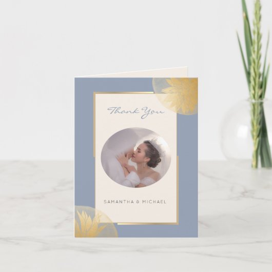 スタイリッシュDusty Blueの結婚写真ありがとう サンキューカード (正面)