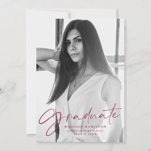 スタイリッシュMaroon Script写真卒業 案内状 (正面)