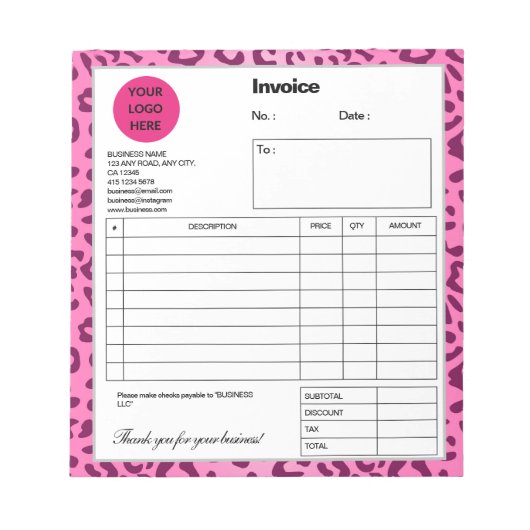 スタイリッシュPink Leopard Print Invoice ノートパッド (正面)