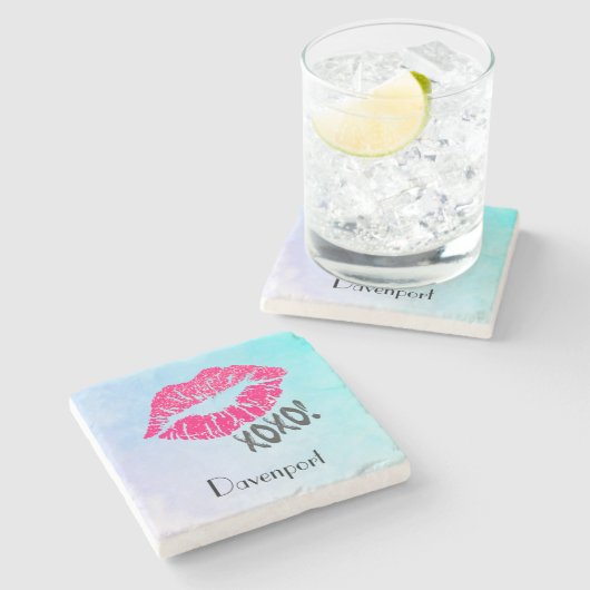 スタイリッシュXoxoとピンクのキッシー唇！カスタマイズ ストーンコースター (横)