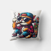 スタイルでスケートボードしながら飲み物を楽しむ猫 クッション (裏面)