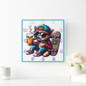 スタイルでスケートボードしながら飲み物を楽しむ猫 スクエア壁時計 (ホーム)