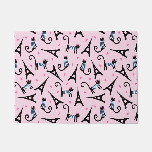 スタイルのドレフランスのス猫とエッフェルタワーの柄 ドアマット (正面)