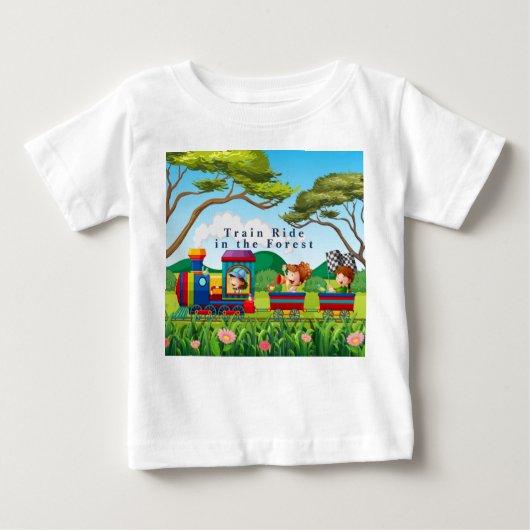 スタイルの列車が森の緑の青に乗る ベビーTシャツ (正面)
