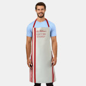 スタイルストライプ-赤|オフホワイトネーム エプロン (着用した状態)