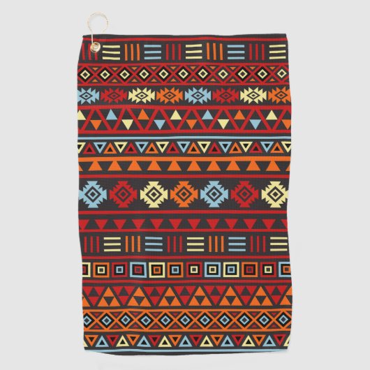 スタイルパタアステカーンオレンジ色イエローブルーレッド&ブラック ゴルフタオル (正面)