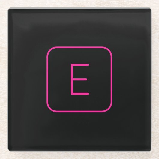 スタイルモダンイニシャルモノグラム |ピンクとブラック ガラスコースター (正面)