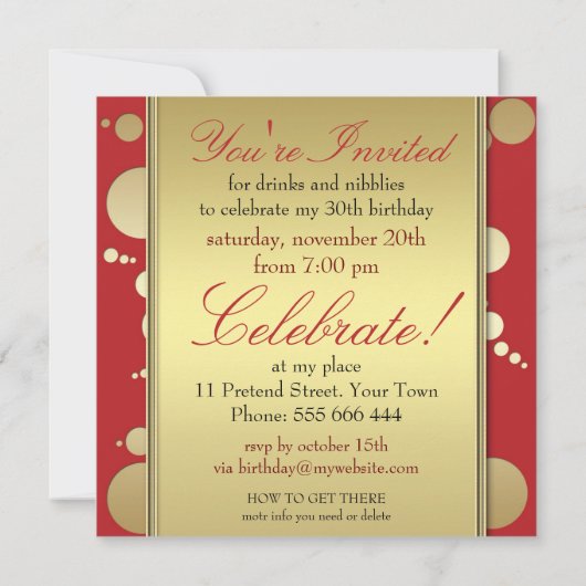 スタイルモダンレッドゴールデンバースデーパーティ招待状 招待状 (裏面)