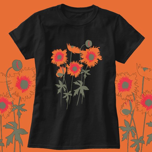 スタイル化されたグラフィックラッグポピーオレンジとグリーン Tシャツ