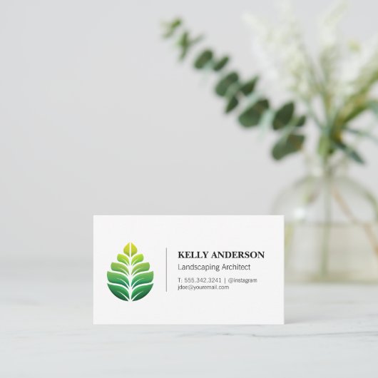 スタイル化されたグリーンリーフのロゴ |横長 名刺 (スタンド正面)