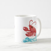 スタイル化された青いwから現れる明るい赤いロブスター コーヒーマグカップ (正面右)