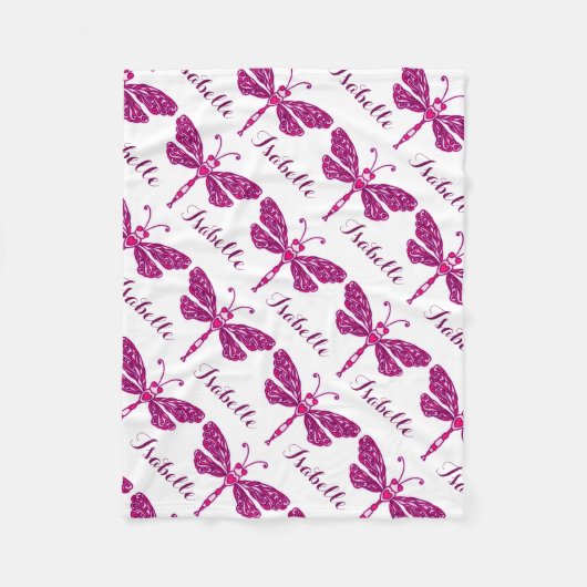 スタイル化トンボのピンクの名前の毛布パターン(の模様が)ある布 フリースブランケット (正面)