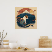 スタイル日本のキャットアートのポスター – 赤と青 ポスター (キッチン)