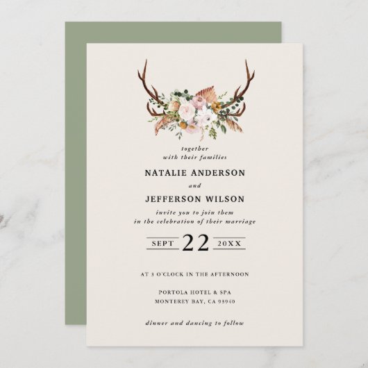 スタグセージ緑のフローラエレガント素朴 招待状 (正面/裏面)
