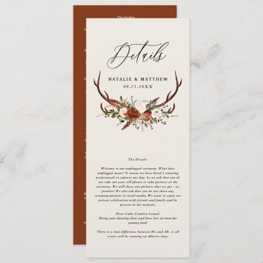 スタグテラコッタラストフローラエレガントな結婚式詳細 セーブザデート (正面/裏面)