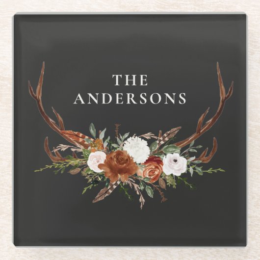 スタグテラコッタ黒モダン植物学フローラ ガラスコースター (正面)