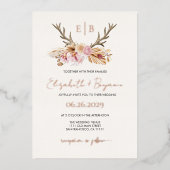 スタグフローラ〔雄ジカの〕枝角ボホモダンの結婚バラ金ゴールド 箔招待状 (正面)