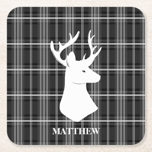 スタグヘッドを白黒の格子縞に表示 スクエアペーパーコースター (正面)