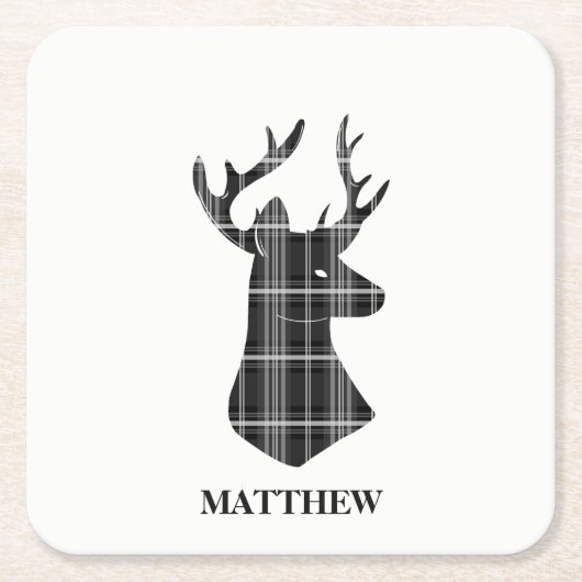 スタグヘッドを白黒の格子縞に表示 スクエアペーパーコースター (正面)