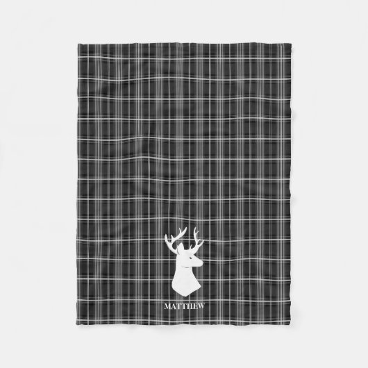 スタグヘッドを白黒の格子縞に表示 フリースブランケット (正面)