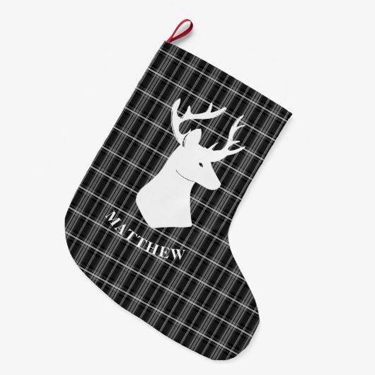 スタグヘッドを白黒の格子縞に表示 ラージクリスマスストッキング (正面 (吊り時))