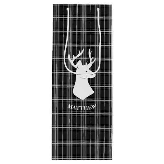 スタグヘッドを白黒の格子縞に表示 ワインギフトバッグ (正面)