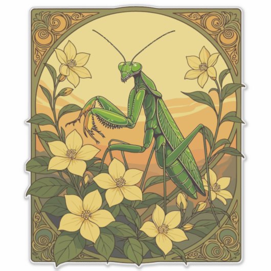 スタグモマンティスと黄色いジャスミンの花 シール (正面)