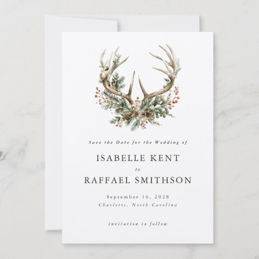 スタグ〔雄ジカの〕枝角素朴ウィンターフローラグ結婚リーズ セーブザデート (正面)