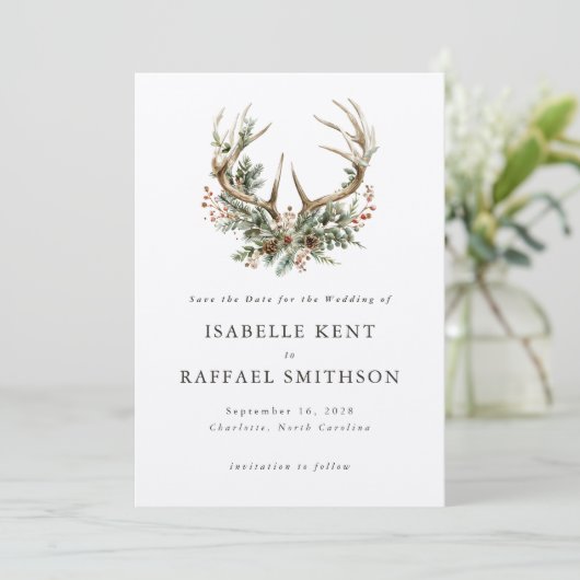 スタグ〔雄ジカの〕枝角素朴ウィンターフローラグ結婚リーズ セーブザデート (スタンド正面)