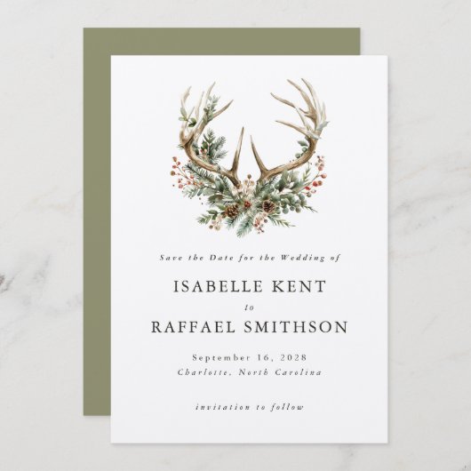 スタグ〔雄ジカの〕枝角素朴ウィンターフローラグ結婚リーズ セーブザデート (正面/裏面)