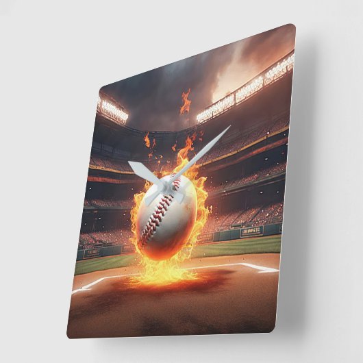 スタジアムで燃える野球 スクエア壁時計 (傾斜)