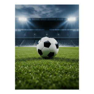 スタジアムのライトの下の芝生の上のサッカーボール – ポスター