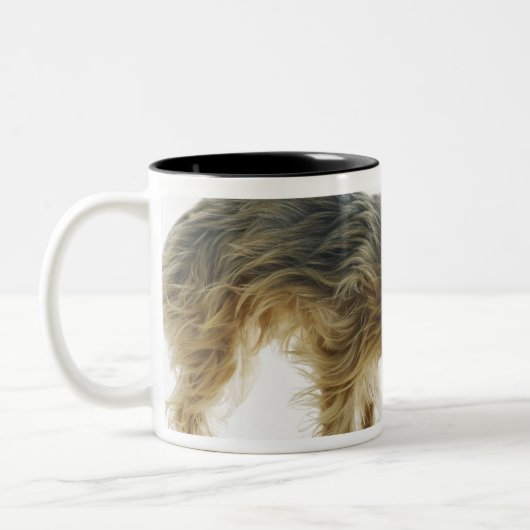 スタジオで撃たれる犬のくんくんかぐ隣人のヤード ツートーンマグカップ (左)