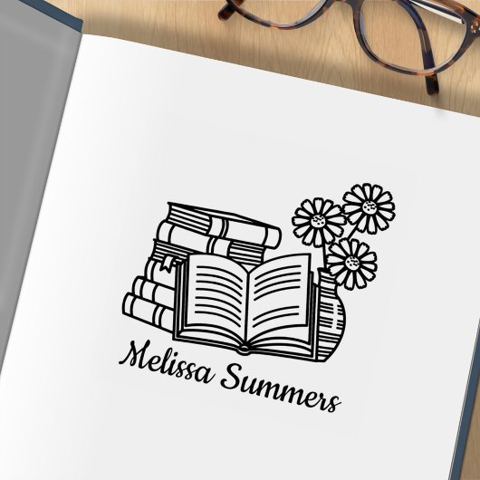 スタックの本、オープンブック、花の蔵書票 ラバースタンプ