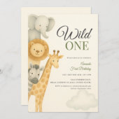 スタックサファリアニマルズベビー誕生日 招待状 (正面/裏面)