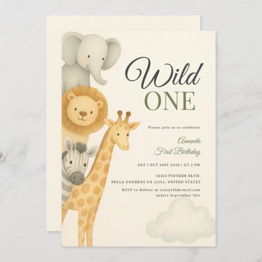 スタックサファリアニマルズベビー誕生日 招待状 (正面/裏面)
