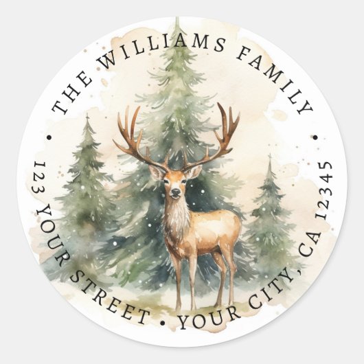 スタッグとクリスマスツリーの水の色差出人住所 ラウンドシール (正面)