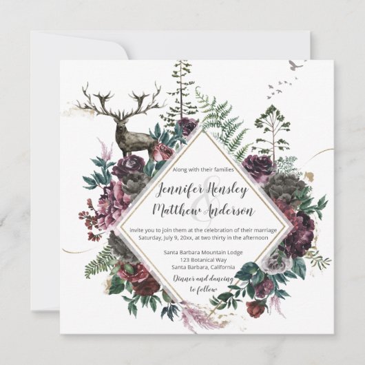 スタッグと緑のバーガンディとグレーのフローラ | 招待状 (正面)