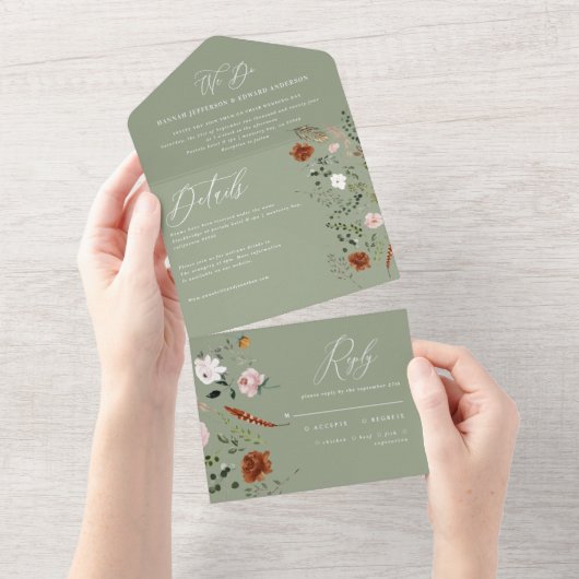 スタッグセージ緑フローラ素朴エレガント オールインワン招待状 (貼ってはがせる)
