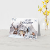 スタッグ冬の雪の森のログキャビンのロビンバード カード (黄色い花)