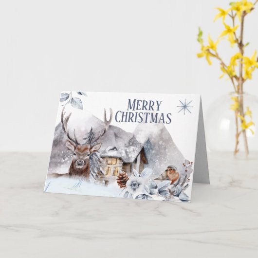 スタッグ冬の雪の森のログキャビンのロビンバード カード (黄色い花)